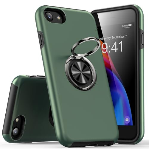 KRAFTCARE Case Compatible for iPhone SE 2022 & 2020, iPhone 8 & 7 Case with Kickstand Ring, Shockproof Anti Scratch 360° Magnetic Ring Stand Phone Case Cover Compatible for iPhone SE/8/7 - Green