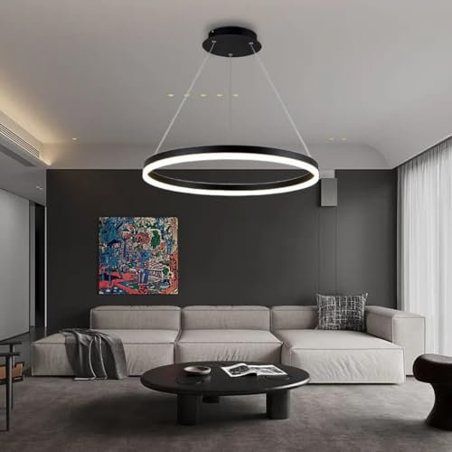 Pendelleuchte Moderne LED Esstisch Kronleuchter Wohnzimmer Dimmbar mit Fernbedienung Kreativ Pendellampe Rund Ringe Hängeleuchte Metall Acryl Hängelampe Esszimmer Lampe Wohnzimmer Leuchte(Color:Schwar