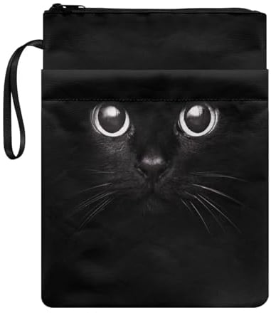 Poceacles Buchhülle mit Reißverschluss, Motiv: schwarze Katze, wiederverwendbar, Taschenbuch, Hardcover, Buchtragetasche