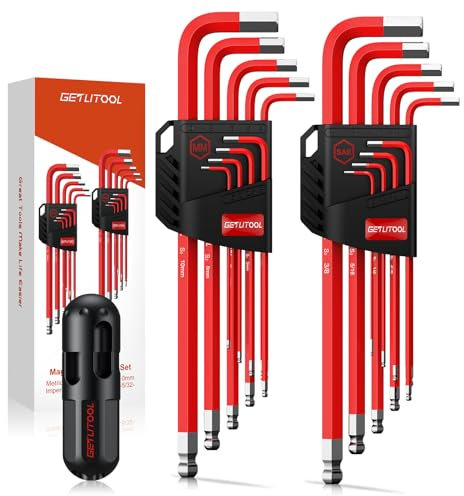 GETLITOOL 18 Pcs Juego de Llaves Allen Plugadas y Métricas Prolongada, 1,5mm-10mm, 5/32-3/8 de S2 Acero Aleado Alta Dureza Tamaño Marcado con Extremo de Bola