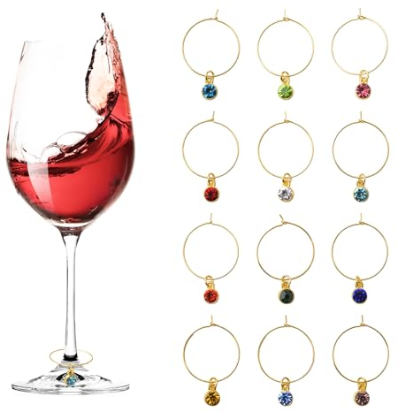 URROMA 12 Pcs Constellation Gems Wine Glass Charms, Gold Wedding Wine Charms Drink Identifiers Wine Accessories Wine Glass Markers for Party Favors