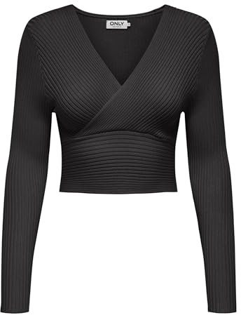 ONLY Seulement T-Shirt à Manches Longues côtelé avec Effet croisé et col en V, Couleurs:Noir, Taille:S