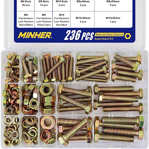 M6 M8 M10 236 Piezas de Tornillos Hexagonales y Juego de Tuercas y Arandelas, Acero Aleado Galvanizado de Grado 8,8