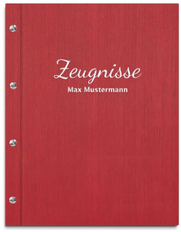 Handgefertigte Zeugnismappe mit eigenem Namen in roter Leinenoptik – inkl. 12 Sichthüllen – Mappe für Zeugnisse und Urkunden