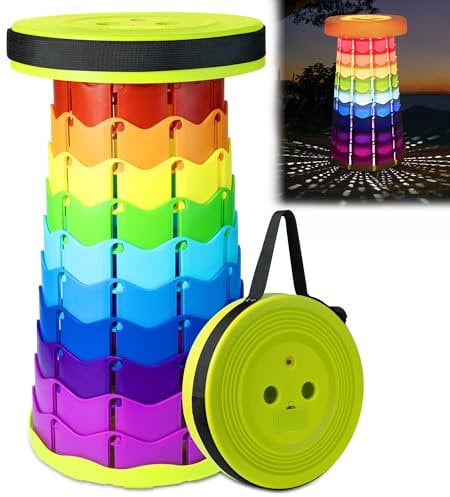 DeeprBling Tragbarer Teleskophocker mit LED-Licht, Klapphocker Faltbar für Camping, Angeln, Garten, Tragbarer klapphocker Regenbogen, Ausziehbarer Campinghocker Faltbar, Teleskophocker Faltbar 150 kg