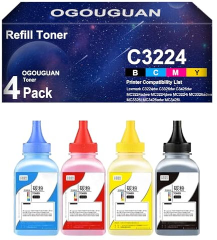 OGOUGUAN Nachfüll-Tonerpulver für C3210K0 C3210C0 C3210M0 C3210Y0 Nachfüll-Tonerkartusche für Lex-Mark C3224dw C3326dw C3426dw MC3224adwe (4 Stück)