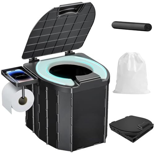 Campingtoilette mit Papierrollenhalter & Telefonablage,Weicher Toilettensitz mit Urin-Splash Guard,Max 200 kg Mobile Toilette WC,Klapptoilette für Camping Wandern (Schwarz)