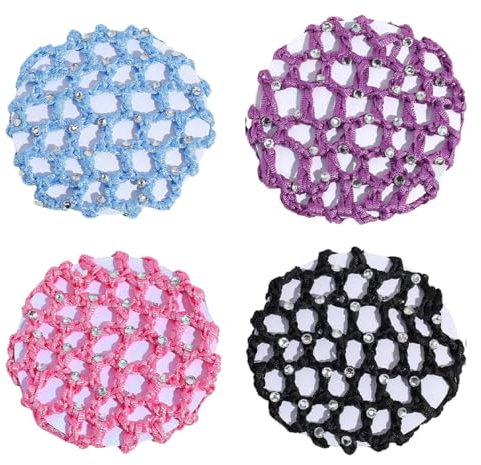4 tlg Haarnetz Set, Haarnetz Dutt Haarnetz Set mit Crystal Diamonds, Mädchen Haarnetz, Ballett Duttnetz für Gymnastik Kunstsport Gymnastik Ballett Reiten Eiskunstlauf Tanz Haarknotennetz