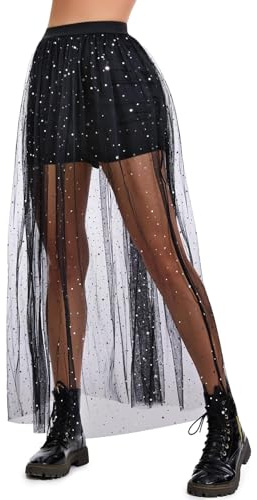 JasGood Damen 2 in 1 Transparent Tüllrock,Schwarz Mesh Rock Mit Shorts,High Waist Unregelmäßig Taillierter Rock für Party und Clubwear