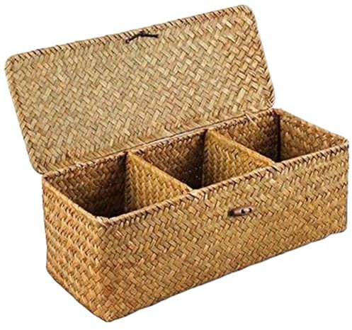 Lamppdcor Wicker Storage Basket,Wicker Basket with Lid, 13x5x4 3-Section Wicker Storage Basket, Rectangular Woven Toilet Roll Basket for Desktop Organizing Snack Toys Makeups