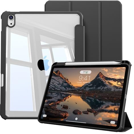 KVTVOU Clear Case for iPad Air 11 Inch 2025/2024, for iPad Air 5th / 4th Generation 10.9 Inch 2022/2020, Transparent Hard PC Shockproof Back, Built-in Pencil Holder, Auto Sleep/Wake, Black