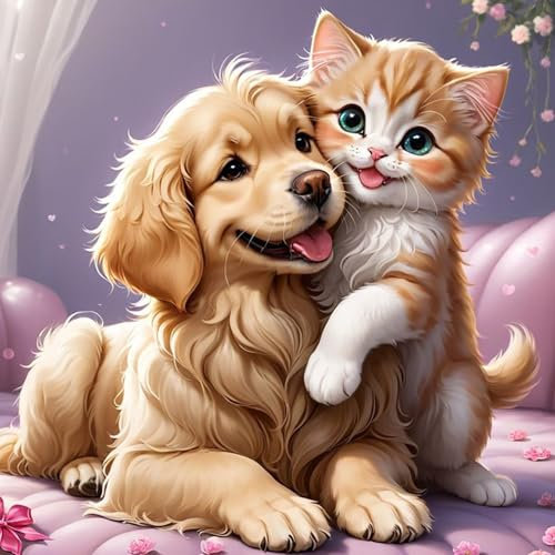 Lxmsja 5D Diamond Painting Hund Katze, Diamond Painting Tiere Erwachsene, Diamant Painting Bilder Erwachsene, Full DIY Diamant Kunst Malerei Stickerei Set Kreuzstich Bilder Home Wand Dekor 30x30cm