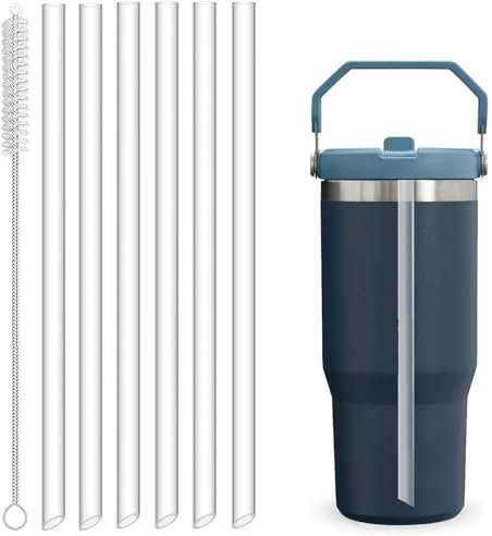 6PCS Replacement Straws Compatible with Stanley IceFlow Flip 30oz Stainless Steel Tumbler, Reusable, Clear, Food Grade & BPA-Free Drinking Straws with Cleaning Brush