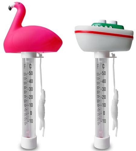 2 Stück Schwimmendes Wasserthermometer, Bruchfest Schwimmbad Thermometer, Floating Poolthermometer mit Seil, Wasser Temperatur Thermometer für Whirlpools im Innen- und Außenbereich (Schiff+ Flamingo)