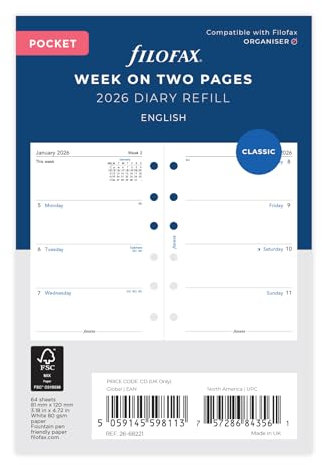 Filofax Taschenkalender 26-68221, Woche auf 2 Seiten, Englisch, 2026