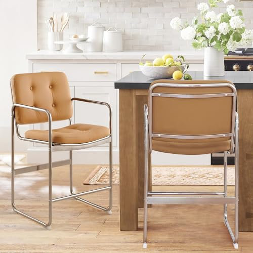 COLAMY Modernes Barhocker-Set 2er, PU-Leder Barstuhl in Thekenhöhe, Knopfgepolsterte Barhocker mit Metallbeinen für Kücheninsel, Wohnzimmer, Bar, Braun
