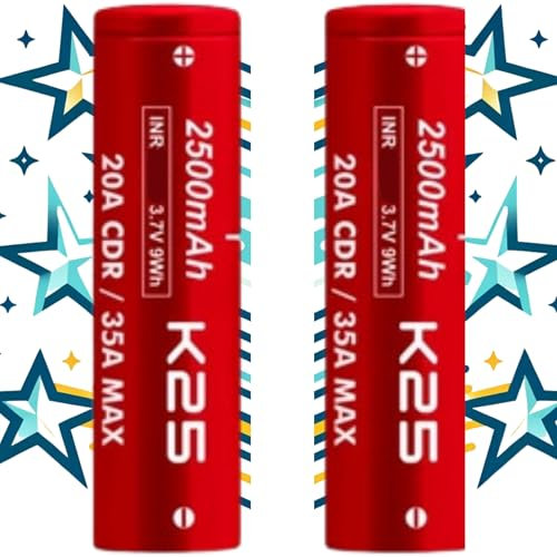 Vapcell K25 Battery 2500mAh 25r 2 x Batteries Flat Top High Drain 2 Pack of 2 Inc Plastic Case