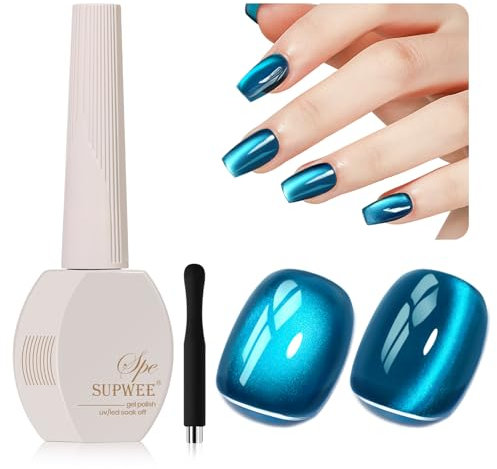 SUPWEE Cat Eye Gel Nail Polish 15ml Blue Crystal Effect Magnetic Nail Polish Gel Holographic Glitter UV/LED Varnish for Manicure Art DIY Home Salon