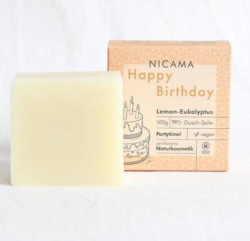 Happy Birthday Geburtstags-Seife Lemon-Eukalyptus 100g (COSMOS), Vegane Naturseife, Körperseife,Geschenk Idee