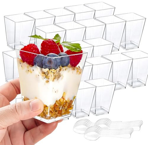 ASSUGO 25 Stück dessertgläser,5OZ/160ML dessertbecher plastik,eisbecher,Wiederverwendbar Quadratischer dessertgläser,für Zuhause dessert, Pudding, Mousse,buffet zubehör