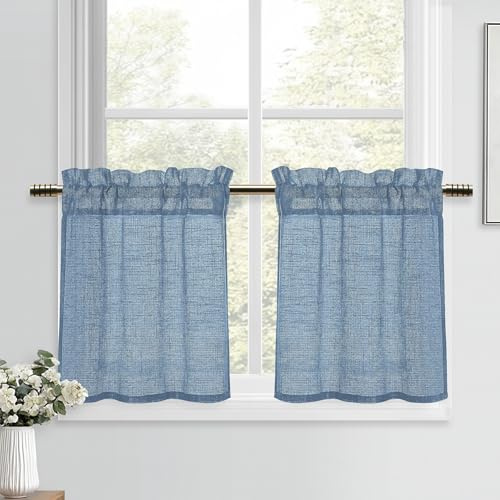 DWCN Blau Scheibengardinen Modern Vorhänge Leinenoptik Kurzgardine Halbtransparente 2 Stück H45xB90cm Fenstervorhänge für Küchengardinen Landhaus Schrankvorhang Wohnzimmer Bistrogardine Wohnwagen