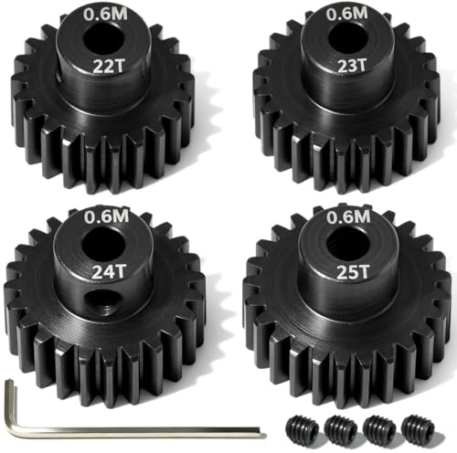 4 Stück M0,6 Motorritzel 22T-25T, 3,175 mm aus gehärtetem Stahl für 1/10 RC | 22T, 23T, 24T und 25T zur Übersetzungsabstimmung, inklusive M4-Schrauben und Inbusschlüssel für Arrma HPI Kyosho Losi Axial