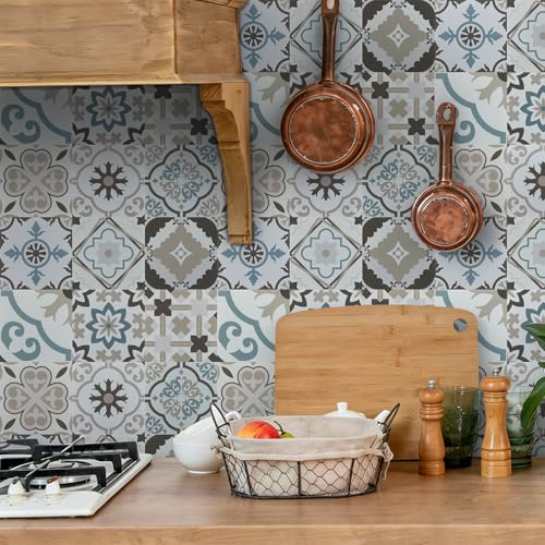 Abyssaly Azulejos adhesivos cocina y baño, Baldosas adhesivas pared Vinilo | 24 Piezas 15 x 15 cm Azul PVC Impermeables Pegatinas Azulejos adhesivo para Salpicadero Cocina Baño Patrón de Mosaico
