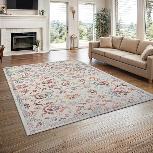 MY-RUG Wohnzimmerteppich 140x190 cm - Vintage Kurzflor Teppich - Creme | Anjali IV Design, gewebtes Ornament Muster in Beige Blau, Oeko-Tex Zertifiziert, weiche Felloptik, strapazierfähig