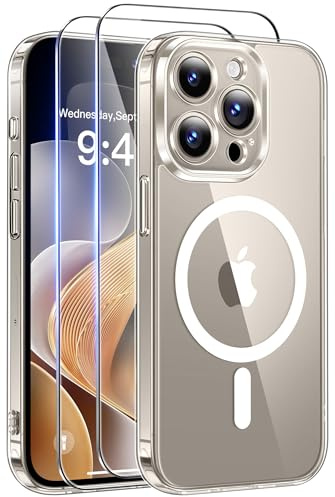 Qasyfanc für iPhone 15 Pro Max Hülle mit Panzer Schutz Glas Folie Kompatibel mit MagSafe, Hard PC Stoßfest Anti-Kratzer [Anti-Vergilbung] Rückseite Magnetisch Handyhülle -Durchsichtig