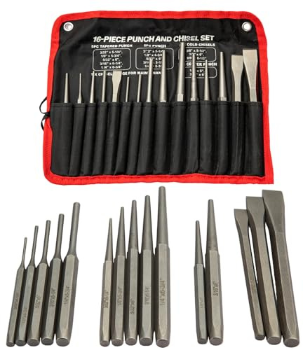 SUNNYNEST 16Pcs Punch and Chisel Set with Storage Pouch Metal Chisel Set for Bolting, Carving, Masonry, Metal Punching and Riveting