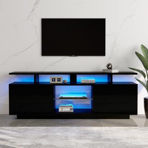 Merax Schwarzer TV-Schrank mit LED-Beleuchtung – 140 cm, Hochglanz-Design für 60-Zoll-Fernseher, App-gesteuerte RGB-Lichter, 2 Schranktüren & 5 offene Fächer – TV Board für Wohnzimmer & Schlafzimmer