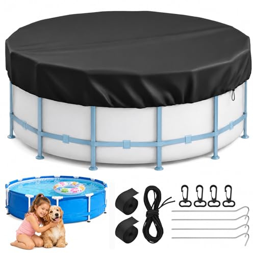 210D Oxford Robuste Bâche de Protection pour Piscine Hors Sol Imperméable | Couverture Ronde Piscine Anti-UV Housse de Protection et Ancrages Terrestres 244x20cm pour Extérieur avec Cordon Serrage Noir