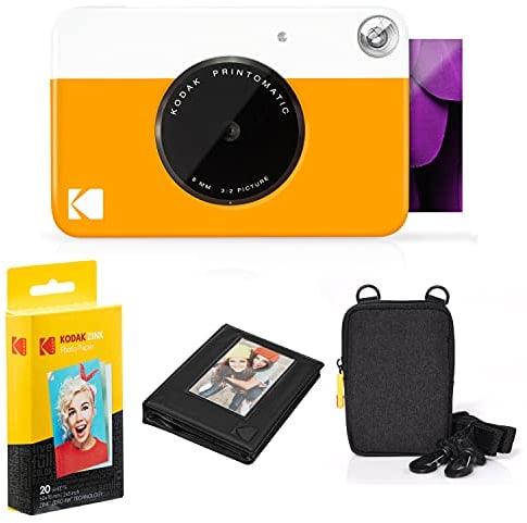 KODAK: Paquete cámara instantánea Printomatic (Amarilla) + Papel Zink (20 Hojas) + Funda álbum de Fotos + Marcos para Colgar + cómoda