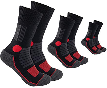 FOOTNOTE 3 Paar Gepolsterte Wandersocken Arbeitssocken Sportsocken für Herren Damen Ohne Gummibund, Schwarz-rot, 43-46