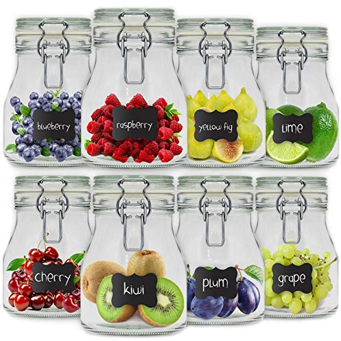 Creative Home 8 x 780ml Glass Jars with Clip Lids Storage Set | Airtight Food Storage containers | Kitchen Container Preserving Jar Sweets Flour Pasta | 12 Reusable Stickers & 1 Anti-Dust Chalk