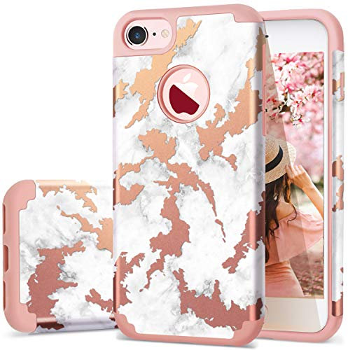 Fingic iPhone 7/8 Case, Marble Design Shiny Rose Gold Hybrid Hard PC & Soft Silicone Shockproof Anti-Scratch Rugged Bumper Protective Cover