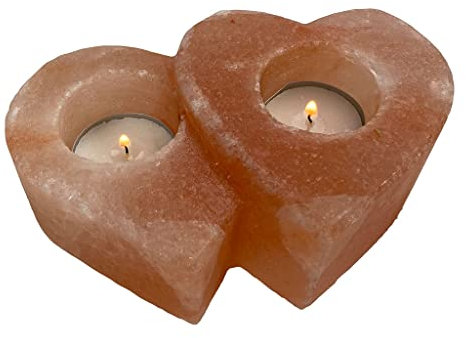 SudoreWell® Doppelherz hoch/tief Kerzenhalter Teelichthalter Teelicht für 2 Kerzen aus rosa Steinsalz hergestellt in der Salt Range Pakistan