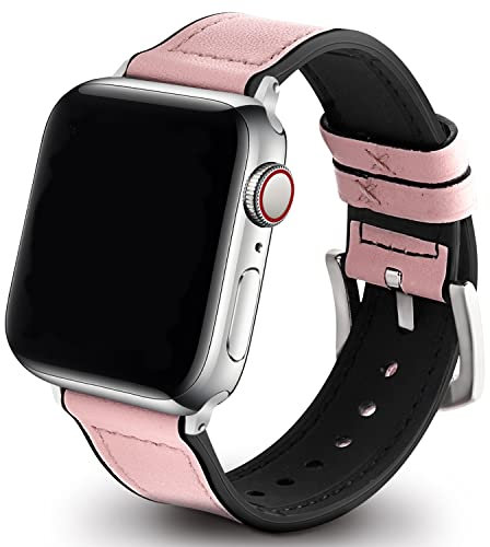 GerbGorb Silicone Leather Apple Watch Band Compatible for Apple Watch 38mm 40mm 41mm, Ultra-soft Rubber Leather Watch Strap for iWatch SE2 SE Series 8 7 6 5 4 3 2 1-Pink/Silver Buckle