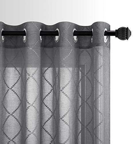 Grey Sheer Curtains 96 Inches Long for Living Room Set 2 Panels Semi Voile Drapes Quatrefoil Patterned Gray Embroidered Grommet Window Curtains for Bedroom Man Home Office Dark Charcoal 52x96 Length