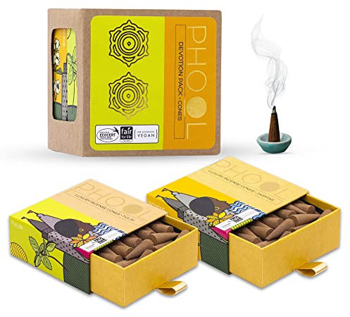 PHOOL LUXURY INCENSE Hingabe-Paket(80 Räucherkegel | 2 Düfte: Tulsi & Jasmin) (Grün)