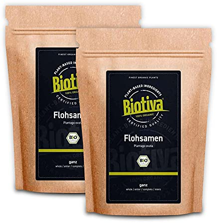 Psyllium Bio 2kg, entier (2x1kg) en sachet zippé - pureté 99% - riche en fibres - qualité supérieure - Mis en bouteille et contrôlé en Allemagne - Biotiva