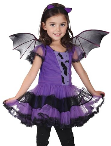 GEMVIE Déguisement Chauve-Souris Fille Costume Vampire Chauve-Souris Cosplay Halloween Toussaint Carnaval Soirée Robe Tutu pour Fille 3-12 Ans