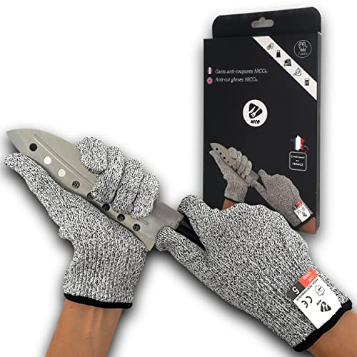 NICO Gants Anti-Coupures Professionnels Haute Protection Garantie à Vie | Meilleure Sécurité contre les Blessures en Cuisine | Huitres Mandoline Viande Boucher Poisson Certifié CE Niveau 5 (1 Paire)