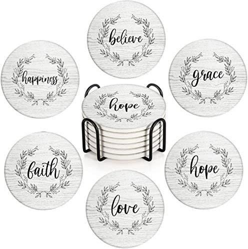 Britimes Untersetzer für Getränke, 6er-Set, weißes Holz, inspirierender Liebeskranz, saugfähig, rund, Keramik-Steinmatte, mit Korkboden und Metallhalter, Geschenk für Einweihungszimmer, Bar, Dekor