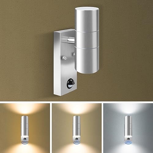 Bewegungssensor Außenwandleuchten, Auf- und Abwärtsleuchte mit PIR-Sensor, Edelstahl IP65 Wasserdicht Silber Außensicherheitsleuchte, 2 x 8W GU10 LED Leuchtmittel enthalten, 3 Farbtemperatur schaltbar
