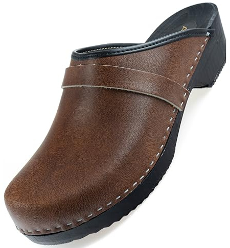 APREGGIO Herren Leder Holzclogs Orthopädisch Dunkelbraun 40 bis 47 EU | Rutschfest, umweltfreundlich, atmungsaktiv, für Garten und Beruf, Schlupfdesign, orthopädisches Fußbett, Handarbeit