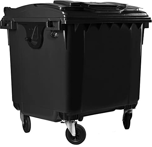 Hardwex Müllcontainer mit 4 Rädern mit Flachdeckel, Deckel im Deckel, Müllgroßbehälter, Abfalltonne, Mülltonne, Volumen: 1 100 Liter, Grau, Größe: 1 344 x 1 370 x 1 070 mm