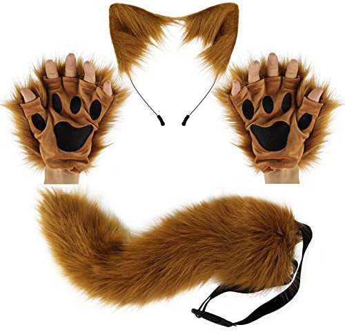 Wolf Fuchs Schwanz Clip Ohren und Handschuhe Set Halloween Weihnachten Fancy Party Kostüm Spielzeug Geschenk für Kinder oder Erwachsene (brown01)