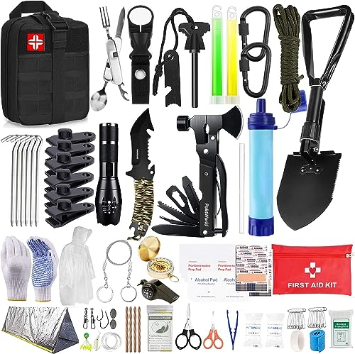 Außen Notfall Survival Kit Militär Hochwertig,246 in 1 Notfall Survival Ausrüstung mit Erste Hilfe Set I Wasserfilter I Jagdmesser I Taschenlampe,Outdoor Ausrüstung für Wandern
