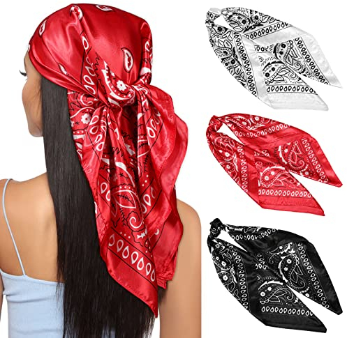 Kajeer 3 Stück Kopftuch Bandana Halstuch für Damen - 90x90cm Große Satin Seidentuch Weiches Satinschal Haarschal für Frauen